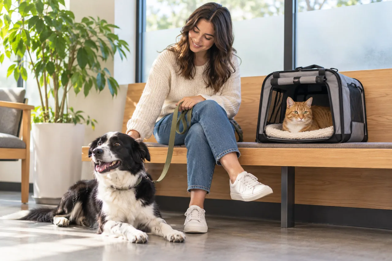 Owner waiting at a veterinary clinic with a dog and a cat in a carrier